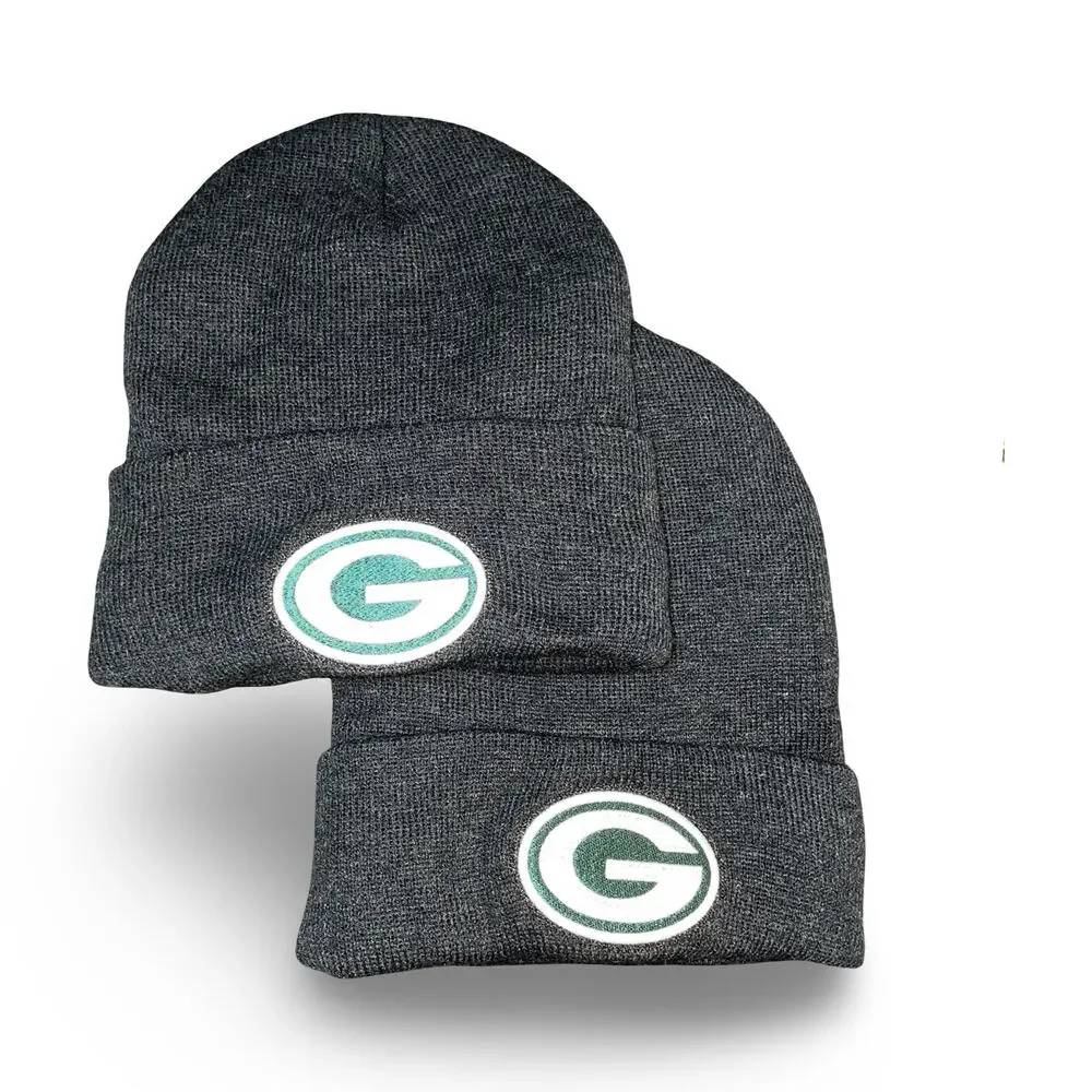 Valucap Green Bay Packers Knit Beanie Hats Lot of 2 Gray Sherpa Fleece Lined